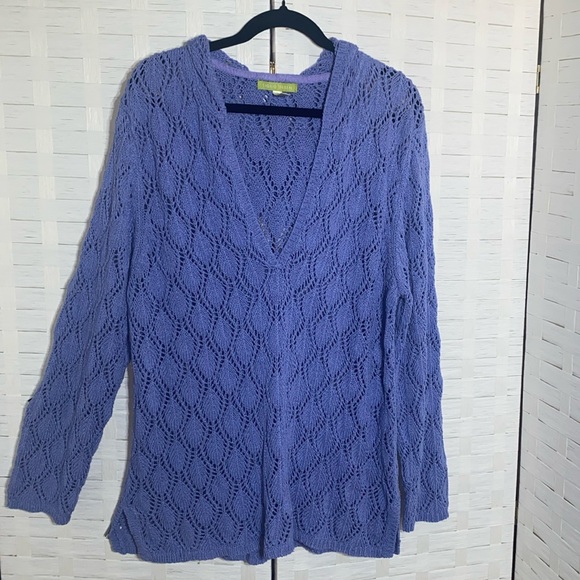 Sigrid Olsen Tops - Sigrid Olsen Periwinkle V Neck Hooded Crochet Long Sleeve Top Size XL
